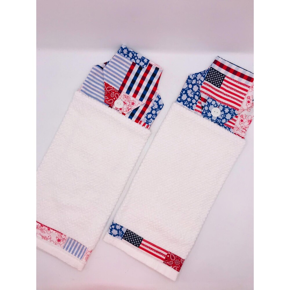 Set of 2 Hanging Kitchen Towels: Americana Patchwork Button Close Red White Blue